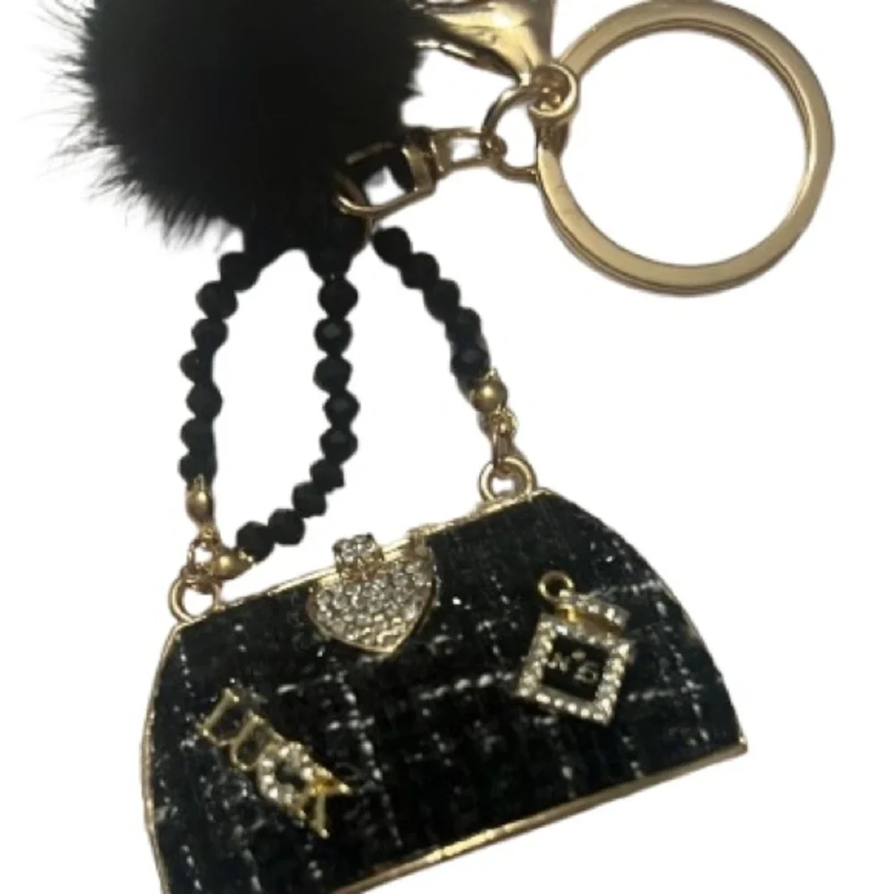 #665 KEYCHAIN Black Purse with Black Fuzzy Pom Pom NWOT Chic Gold Embellishments